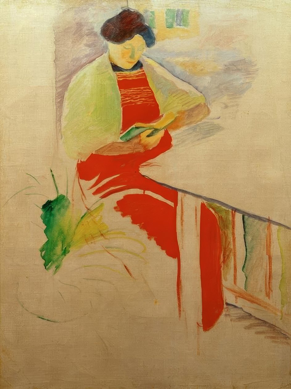 Kvinna med rött förkläde på balkongen (Elisabeth) av August Macke