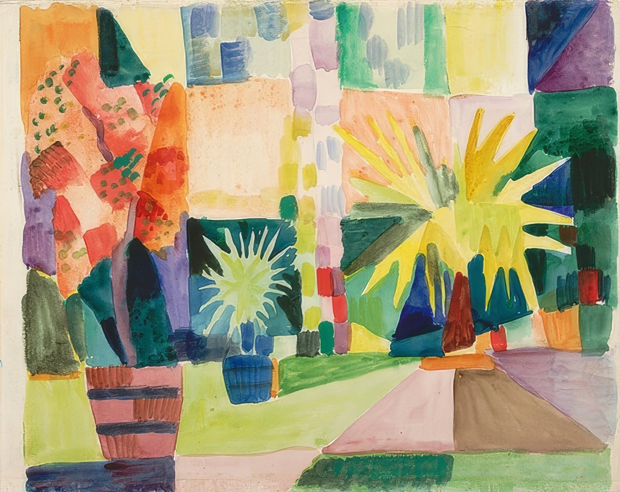 Trädgård vid sjön Thun (granatäppleträd och palm i trädgården). 1914 av August Macke
