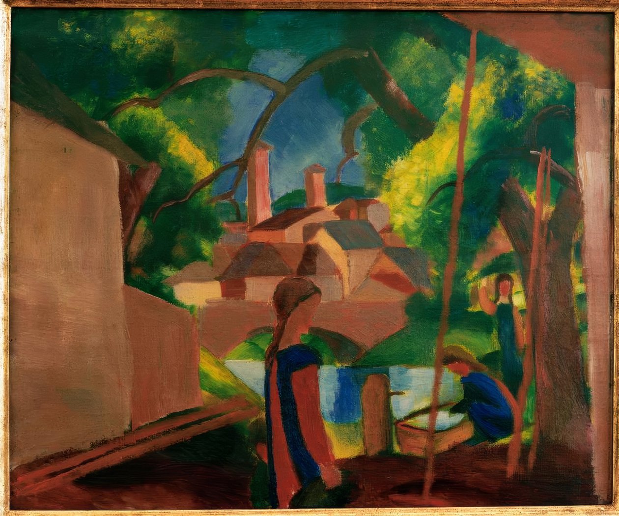 Barn vid fontänen med staden i bakgrunden av August Macke