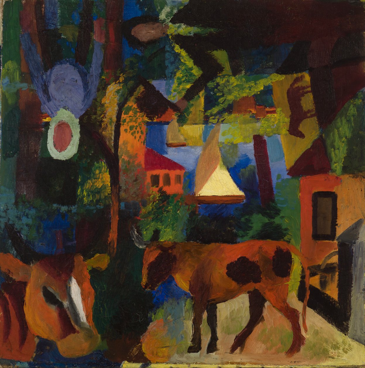 Landskap med kor, segelbåt och inmålade figurer av August Macke