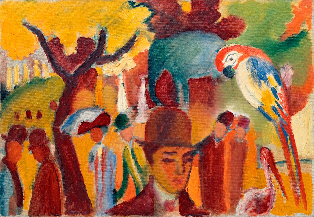 Den lilla zoologiska trädgården i brunt och gult. Målning av August Macke (1887-1914), olja på duk av August Macke
