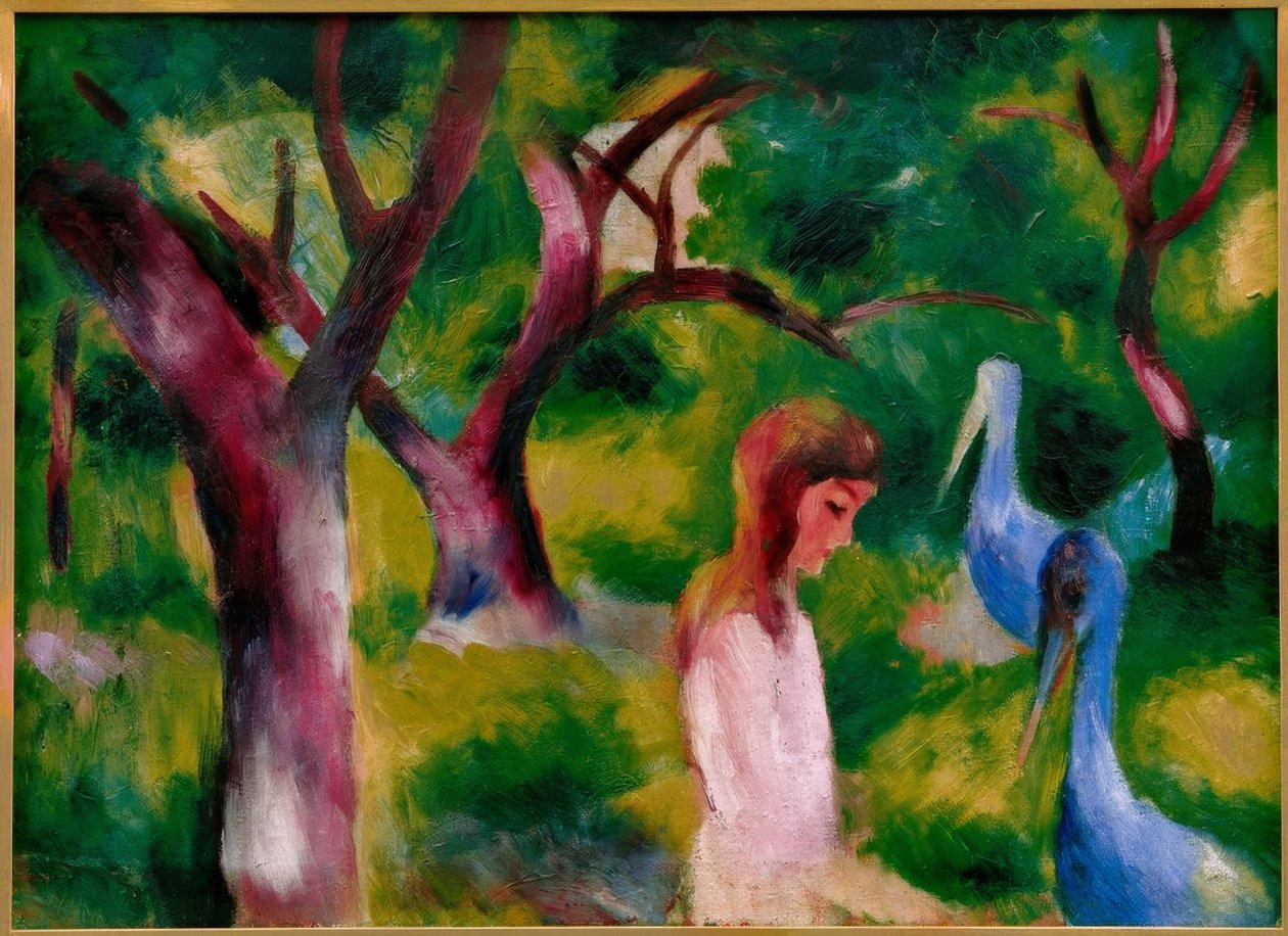 Flicka med blåa fåglar av August Macke