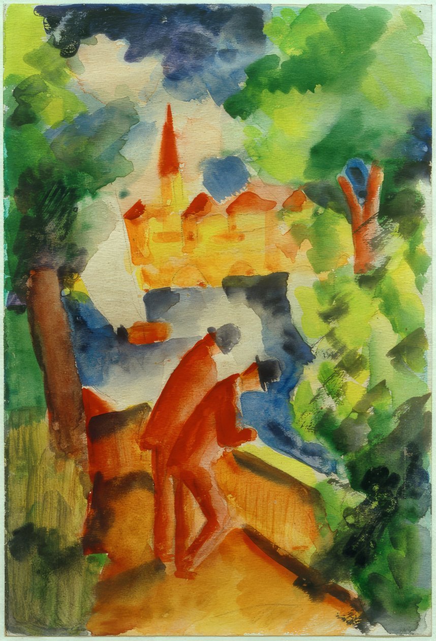Män på terrassen vid sjön av August Macke