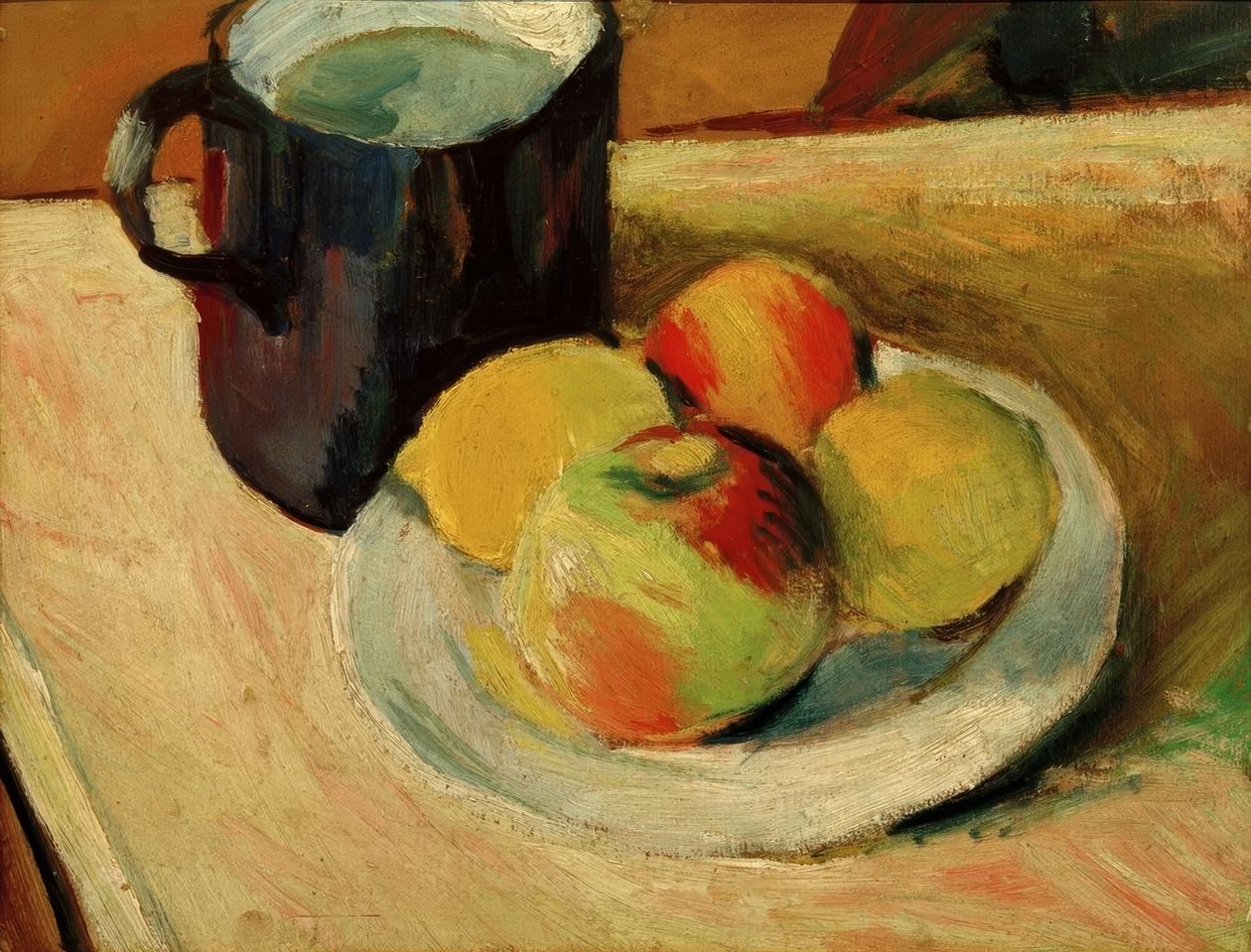 Mjölkkanna och äpplen på tallrik av August Macke