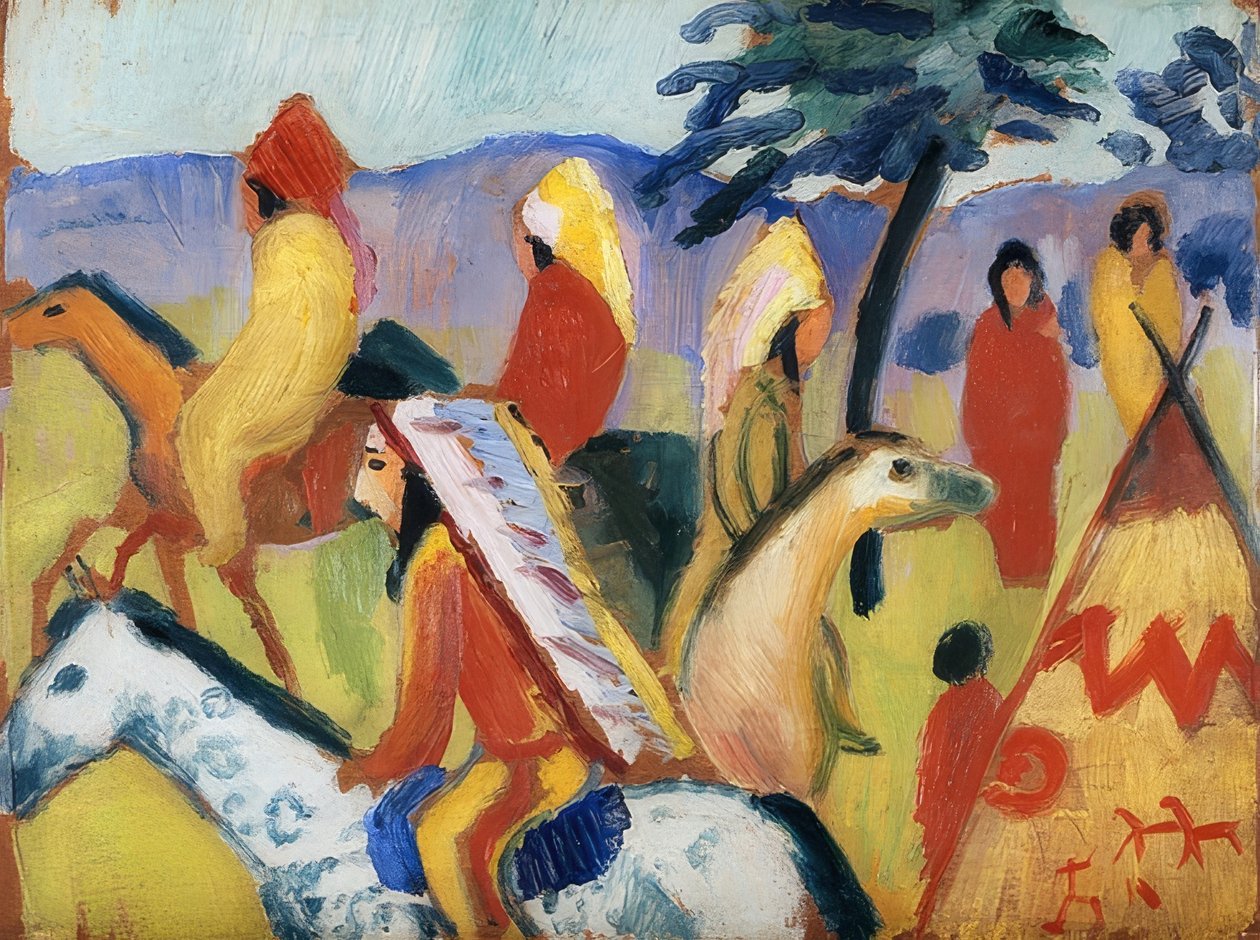 Indianer som rider vid tältet. 1911 av August Macke