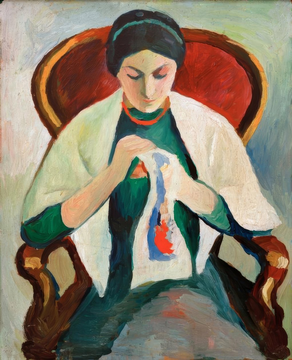 Kvinna som broderar på en fåtölj: porträtt av konstnärens fru av August Macke
