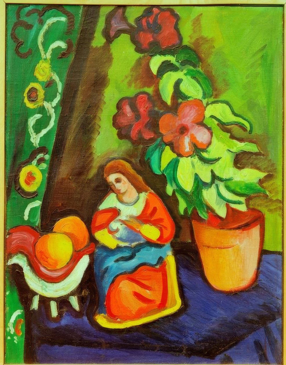 Stilleben med Madonna, petunior och äpplen av August Macke