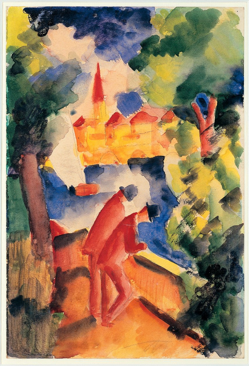 Två män arm på räcket med utsikt över en sjö 1914 (akvarell) av August Macke