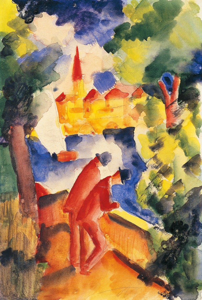 Två män arm på räcket med utsikt över en sjö 1914 (akvarell) av August Macke