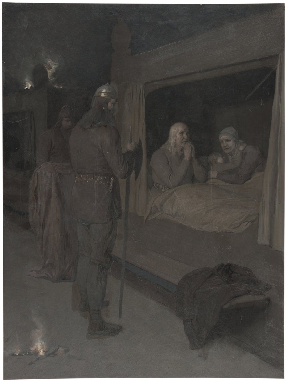 Njal, Bergthora och Thord Karisson beslutar att låta sig brännas levande. Illustration till Njals saga, kap. 129 av August Malmström