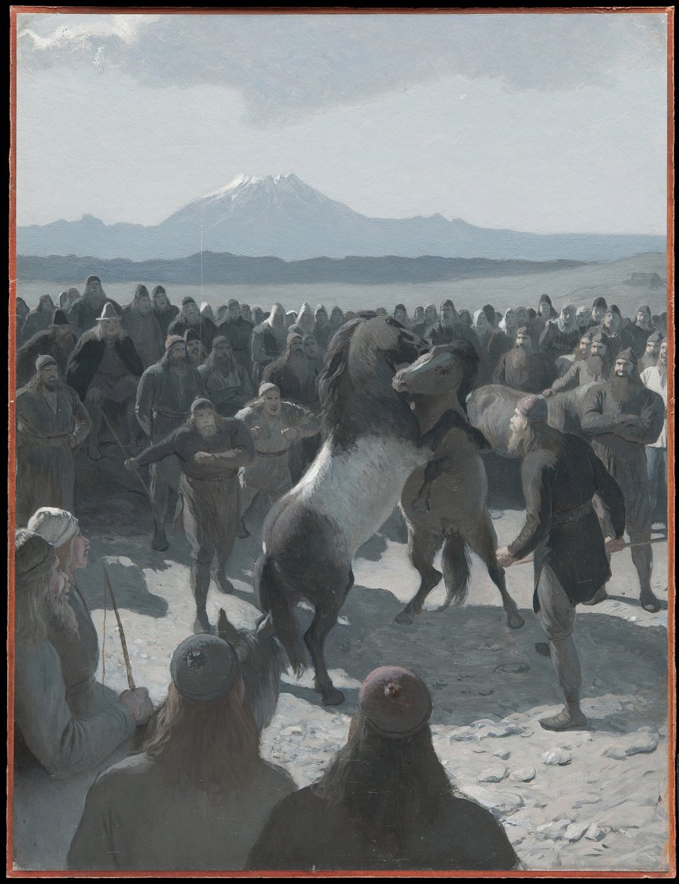 Hästkampen vid Hlíðarendi. Illustration till Njáls saga, kap. 59 av August Malmström