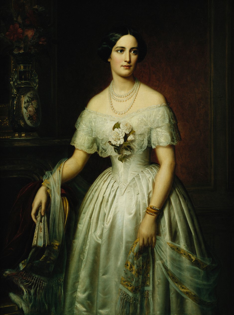 Porträtt av en dam som står tre fjärdedels längd iklädd en vit klänning, 1851 och 1876 av August Schiott