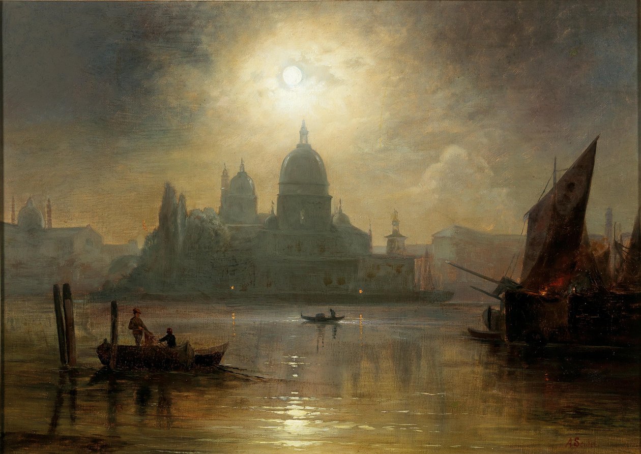 Venedig, en månbelyst natt över Santa Maria della Salute av August Seidel