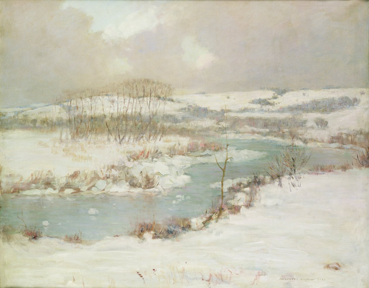 A Stream in Winter (olja på duk) av August Vincent Tack