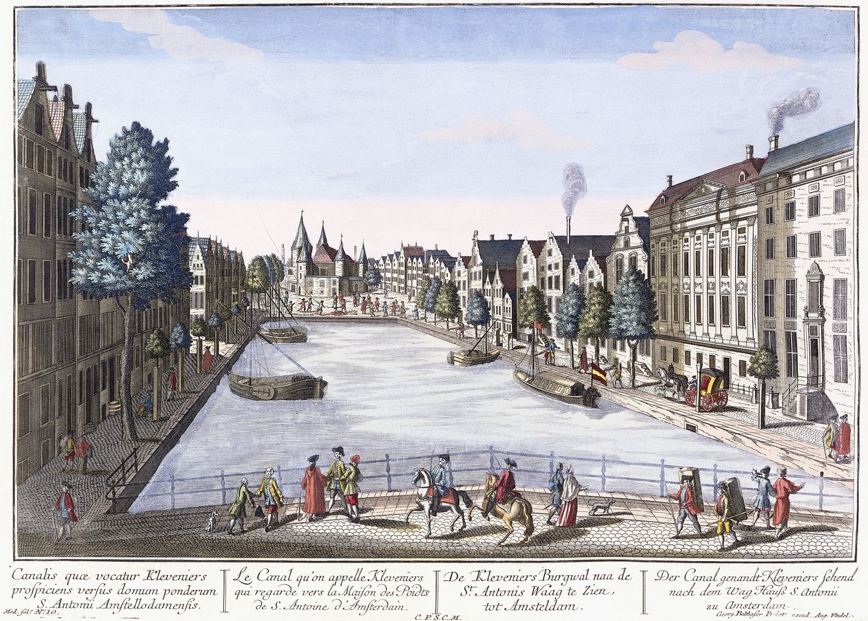 Vue av Kleveniers Canal, Amsterdam, ca 1740-1770 (handfärgad gravyr) av August Vindel