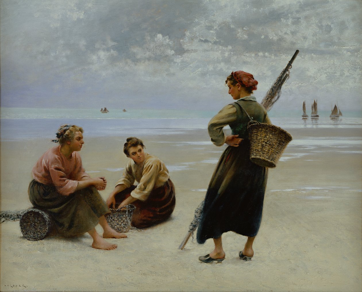 Mussel Gatherers, Bretagne (olja på duk) av August Wilhelm Nikolaus Hagborg