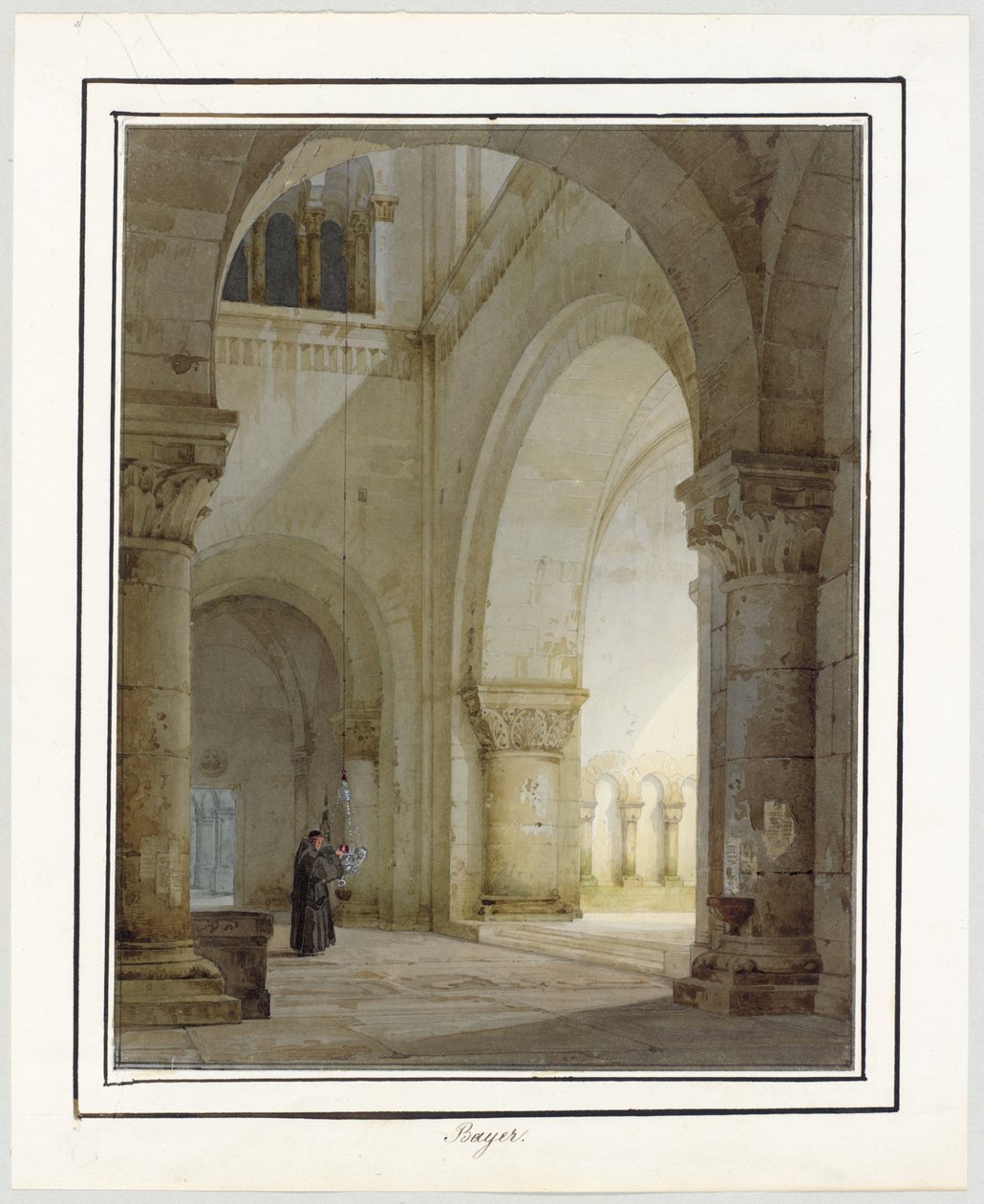 Interiör av en romansk kyrka av August von Bayer