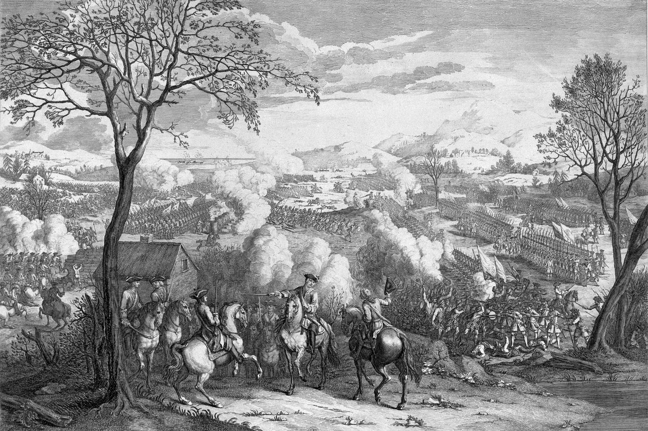 Slaget vid Culloden den 16 april 1746, graverad av Luke Sullivan, ca 1746 (färgad linjegravering) av August von Heckel