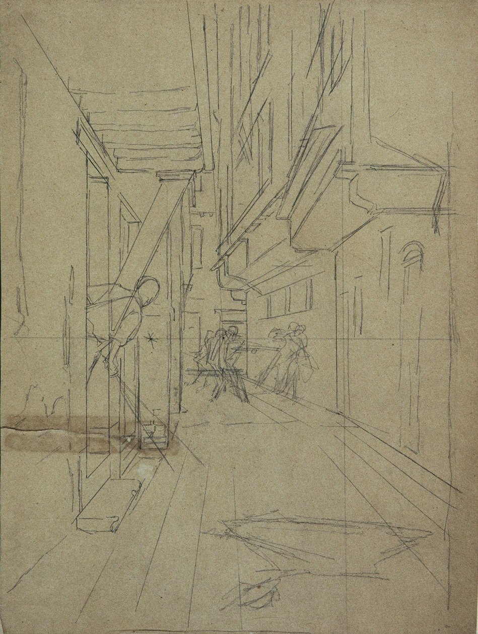 Perspektivskiss för "Street Fight in a Venetian Alley" av August von Pettenkofen