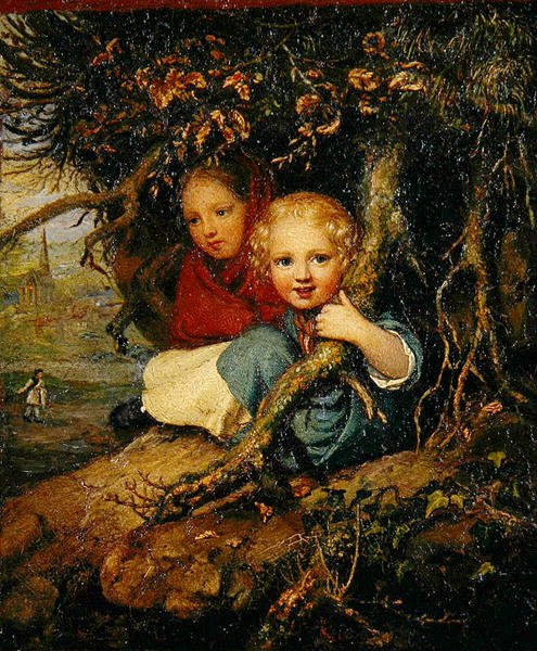 Två barn under trädrötter, ca 1840 (olja på zinkplatta) av August von der Embde