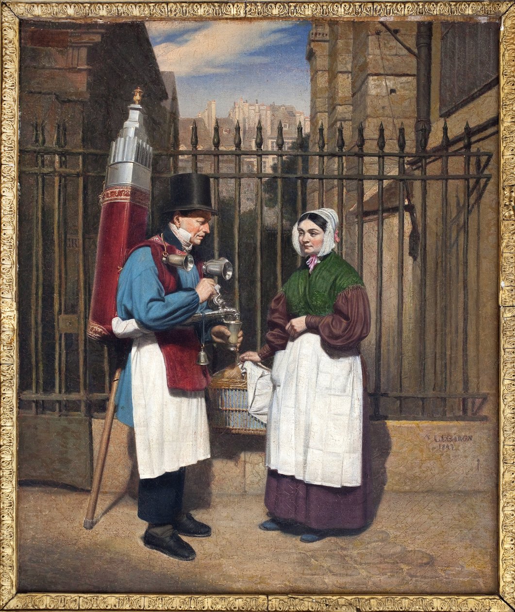 Kokosnötshandlaren (uppfriskande dryck smaksatt med lakrits) och dess pittoreska fontän var bland de välbekanta figurerna på den parisiska gatan under 1800- och början av 1900-talet. Målning av Augusta Le Baron Desves (1804-?), olja på duk av Augusta Le Baron Desves