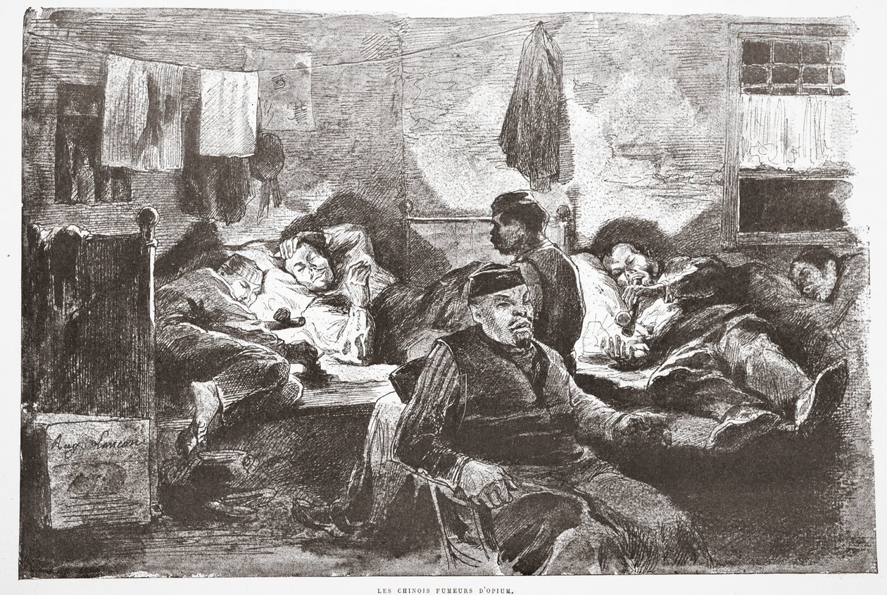 De kinesiska opiumrökare, illustration från "La Rue a Londres", pub. av G. Charpentier et Cie, 1884 av Auguste Andre Lancon