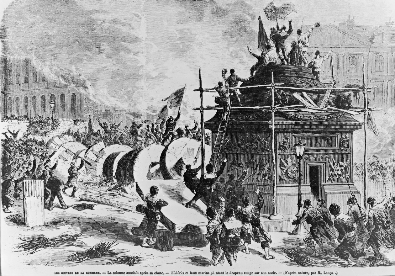 Safu ya Vendome baada tu ya kuanguka kwake, Federes na mabaharia bandia wakiweka bendera nyekundu kwenye msingi, 16 Mei 1871 swed. av Auguste Andre Lancon