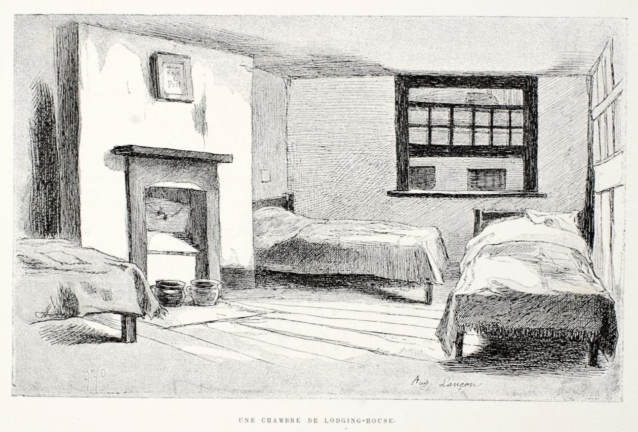 Une Chambre de logi-house, illustration från "La Rue a Londres", pub. av G. Charpentier et Cie, 1884 av Auguste Andre Lancon