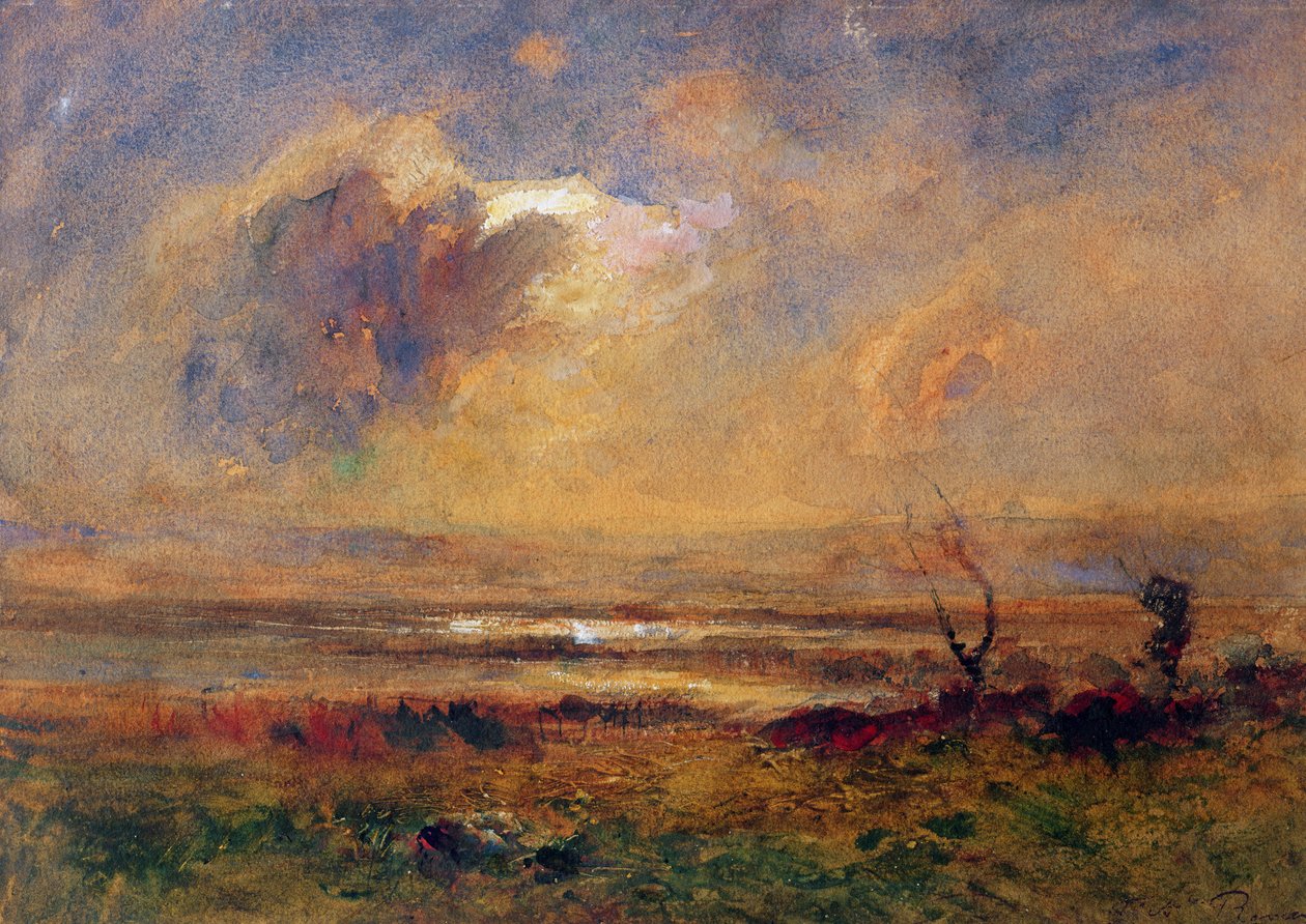 Solnedgång på slätten, ca 1868 (wc und gouache på papper) av Auguste Francois Ravier