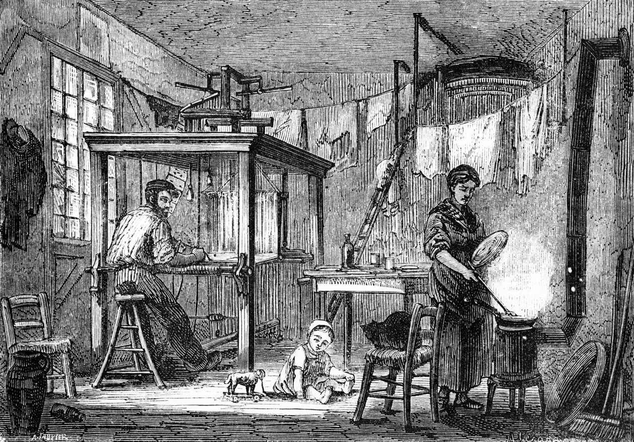 En vävare från Lyonnais och hans familj, ca 1880 (litografi) av Auguste Gerardin