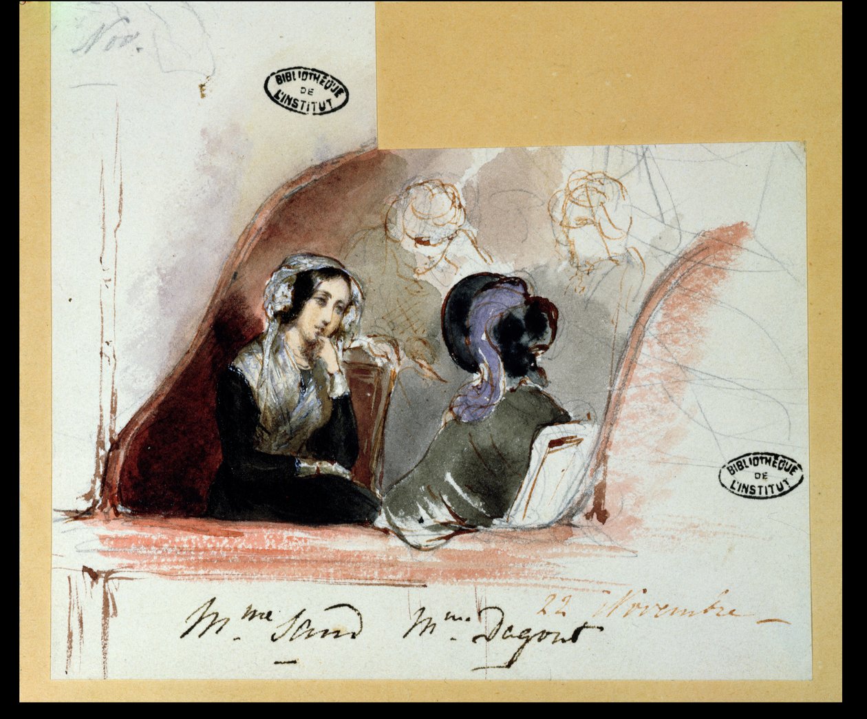 George Sand (1804-76) och Marie de Flavigny (1805-76) grevinnan av Agoult, vid Comedie Francaise, 1834 av Auguste Odier