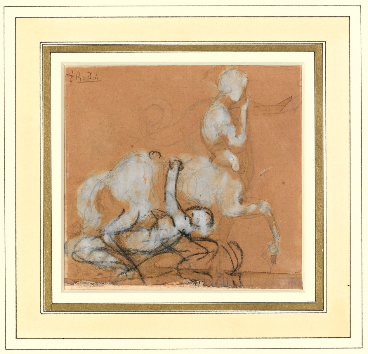 Achilles och Cheiron (grafit, krita och brun tvätt med vit förhöjning på papper) av Auguste Rodin