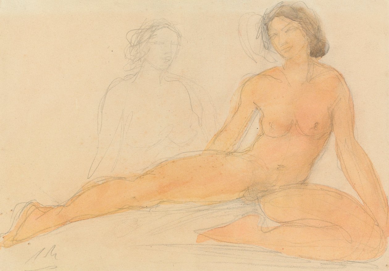 Två sittande nakenbilder (grafit och wc på papper) av Auguste Rodin