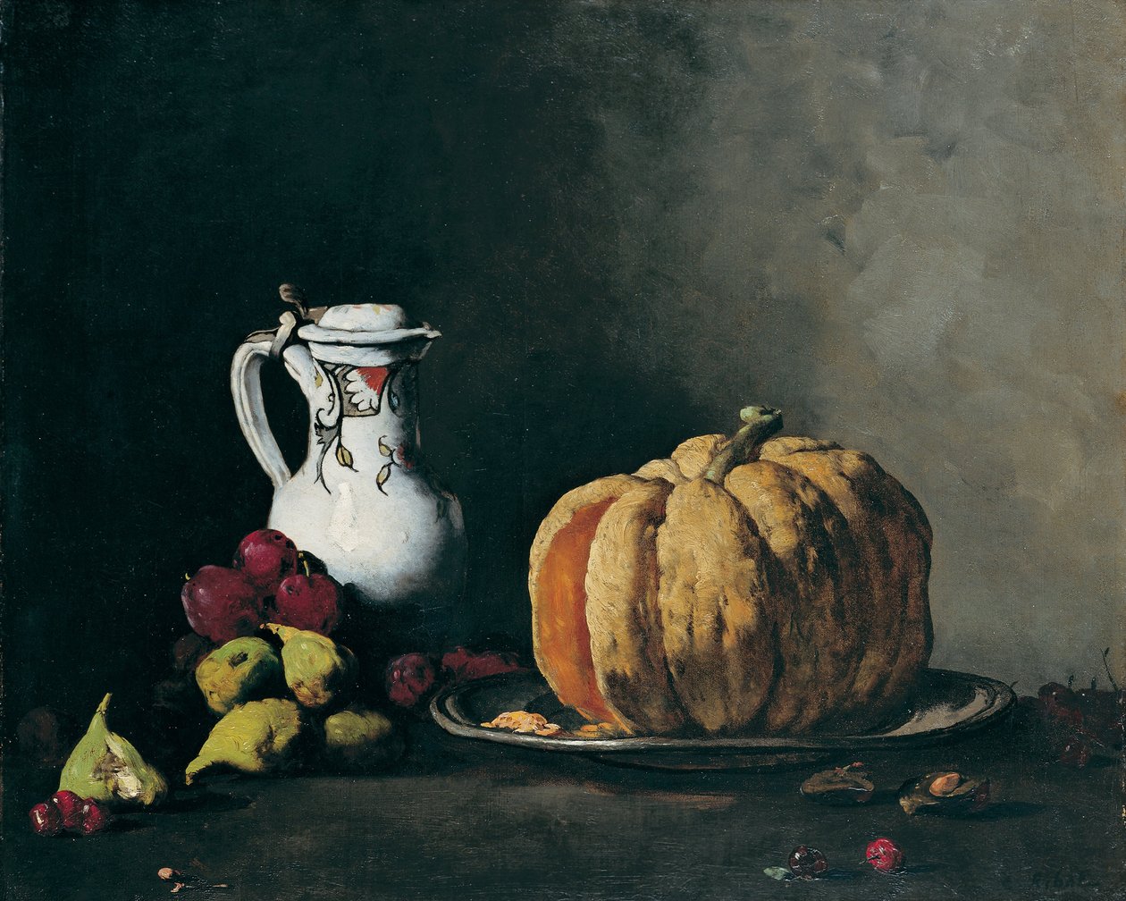 Stilleben med pumpa, plommon, körsbär, fikon och kruka av Auguste Theodule Ribot