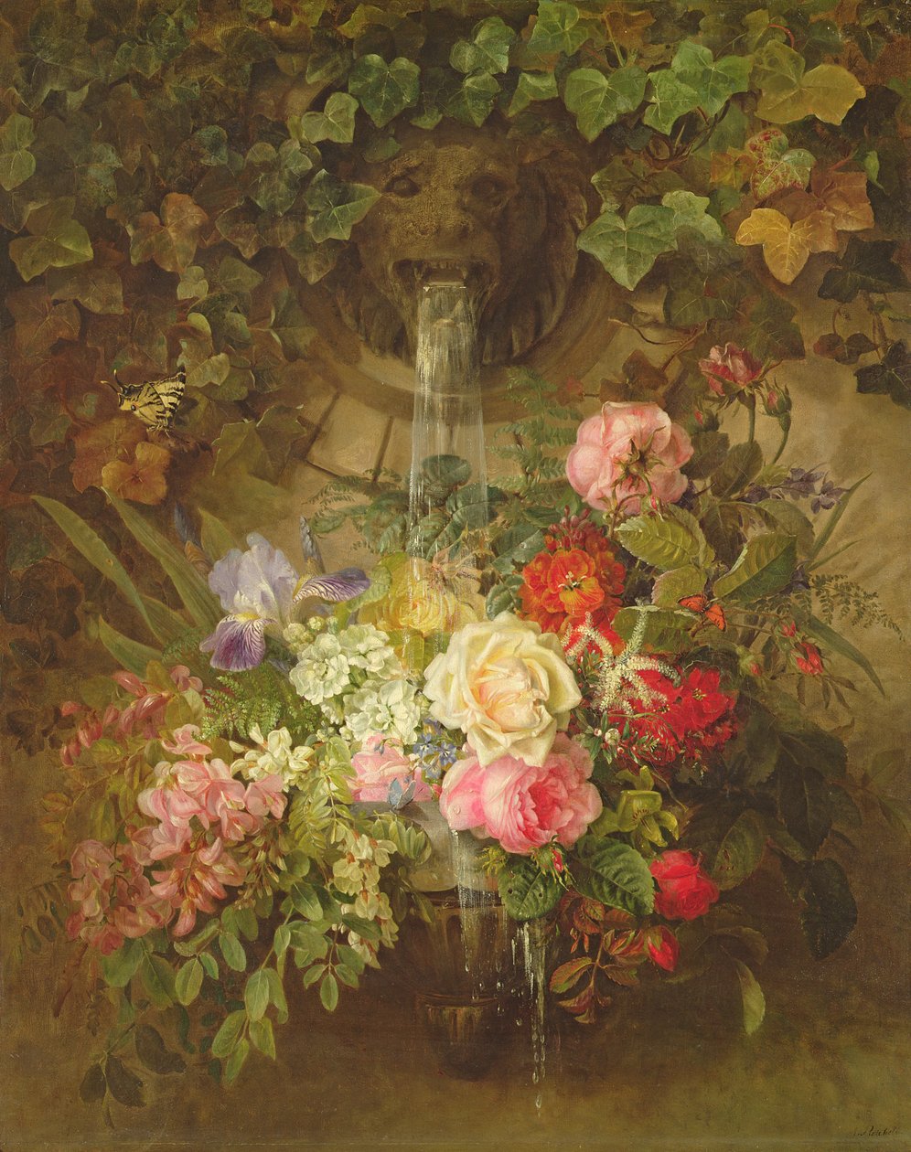 Blommor under en lejonfontän, av Auguste Wilhelmine Reichelt