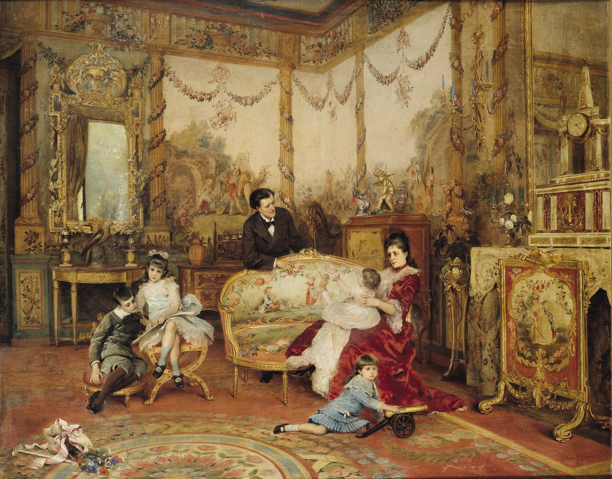 Victorien Sardou (1831-1908) och hans familj i deras salong i Marly-le-Roi, ca 1875 av Auguste de la Brely