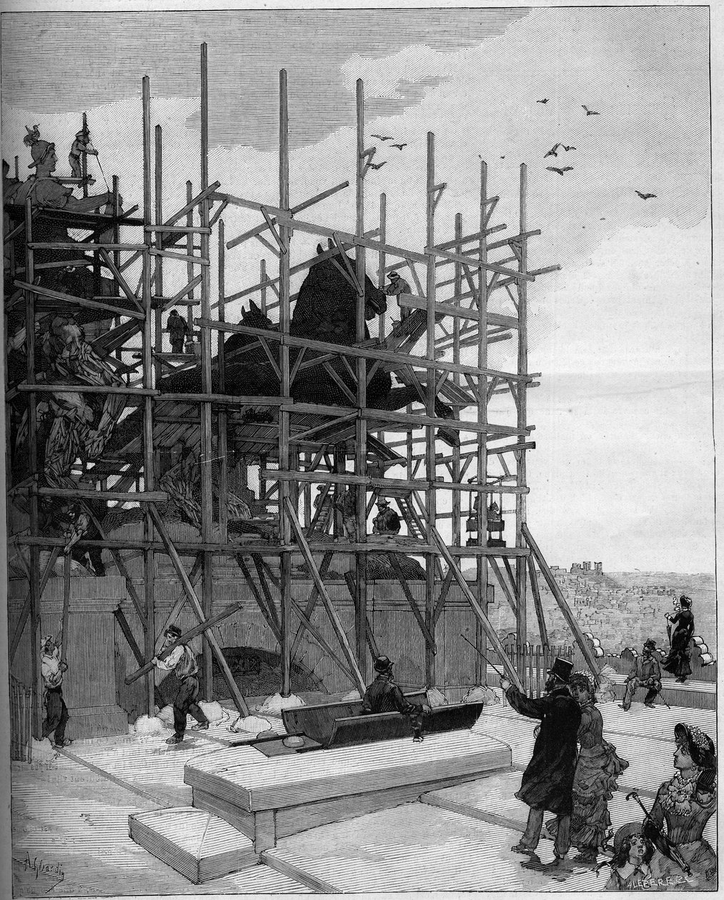 Triumfbågen i Paris: aktuellt tillstånd av byggnadsarbetet på skulpturen av Alexandre Falguiere (1831-1900) eller ""Republikens triumf"" av Auguste (after) Gerardin