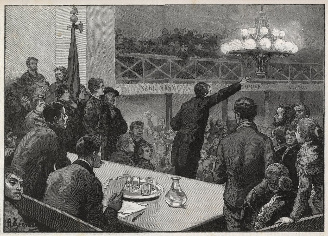 Möte för strejken i Vooruit 1885 - gravyr 1885 "Le monde illustrious" - teckning av Gerardin av Auguste (after) Gerardin