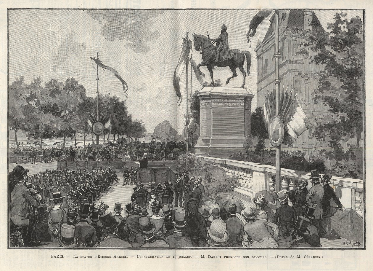 Paris - - Tal av Mr. Darlot under invigningen den 15 juli 1888 på Hotel de Ville de Paris av statyn av Etienne Marcel - Teckning av Gerardin i "The Illustrous World" 1888 av Auguste (after) Gerardin
