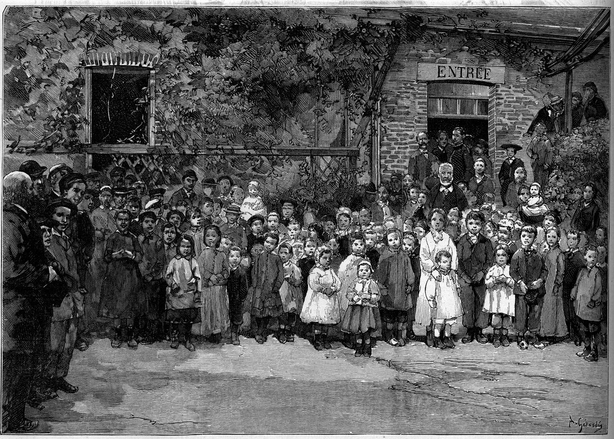 Victor Hugo (1802-1885) med de fattiga barnen i Veules en Caux (Veules-en-Caux) som han bjöd på en bankett till den 24 september 1882. Gravyr av Gerardin i "" Le Monde Illustré"" nr 1333 av 14 oktober 1882. av Auguste (after) Gerardin