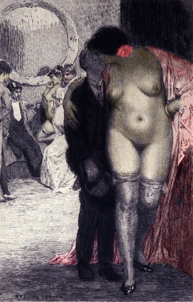 Interiör från en fransk bordell (bordell). En kund med en prostituerad. Illustration av Auguste Leroux (1871-1954) av Auguste (after) Leroux
