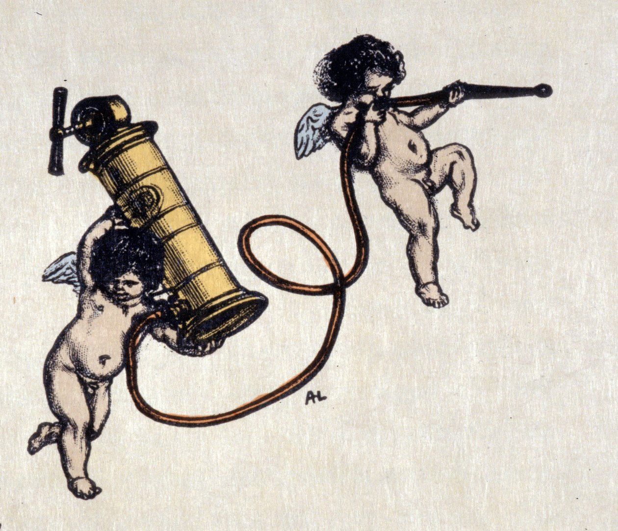 Glädjen med clystere. Två änglar bär en pump för lavemang. Illustration av Auguste Leroux (1871-1954) av Auguste (after) Leroux
