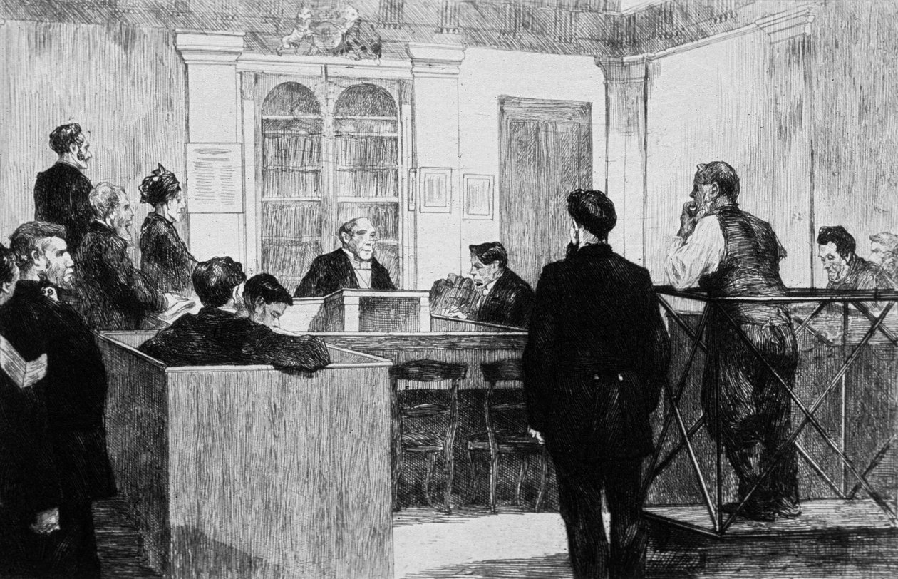 Bow Street Police Court Hall i London 1884 (gravyr) av Auguste Andre Lancon