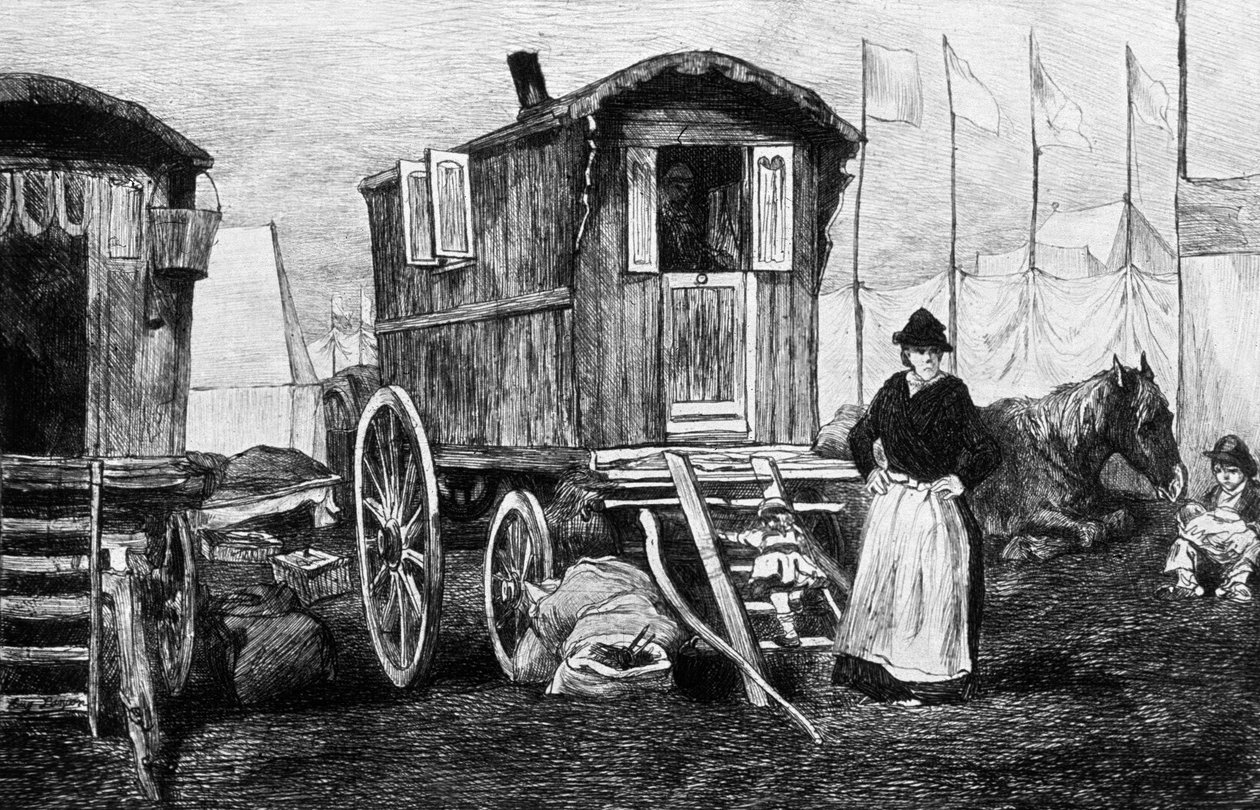Läger med zigenare och deras hästdragna husvagn av Auguste Andre Lancon