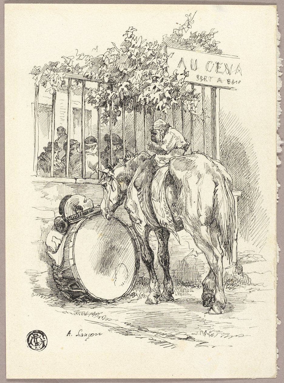 Häst med apa på ryggen av Auguste Andre Lancon