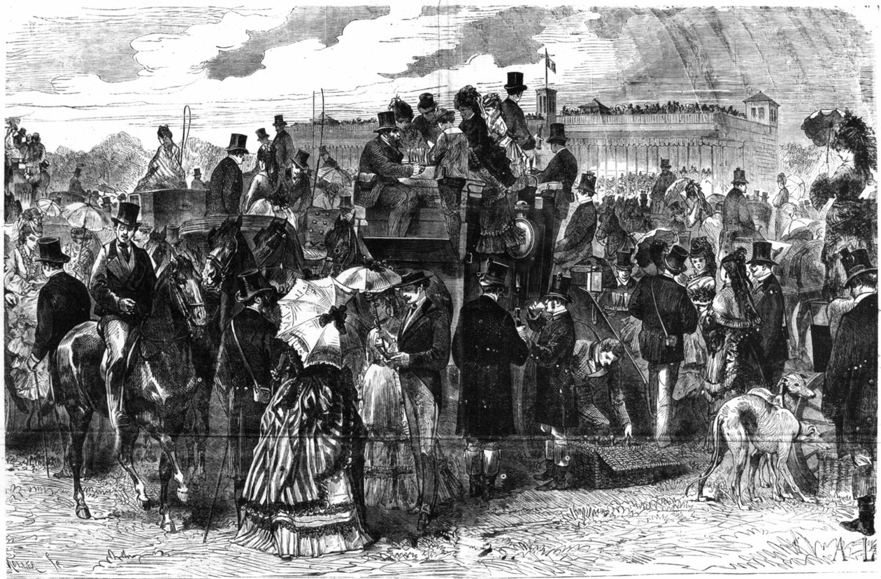 Longchampsloppen: Le Grand Prix de Paris, -i "" Le Figaro", illustrerad bilaga från söndagen den 6 juni 1875, teckning av Lançon. av Auguste Andre Lancon