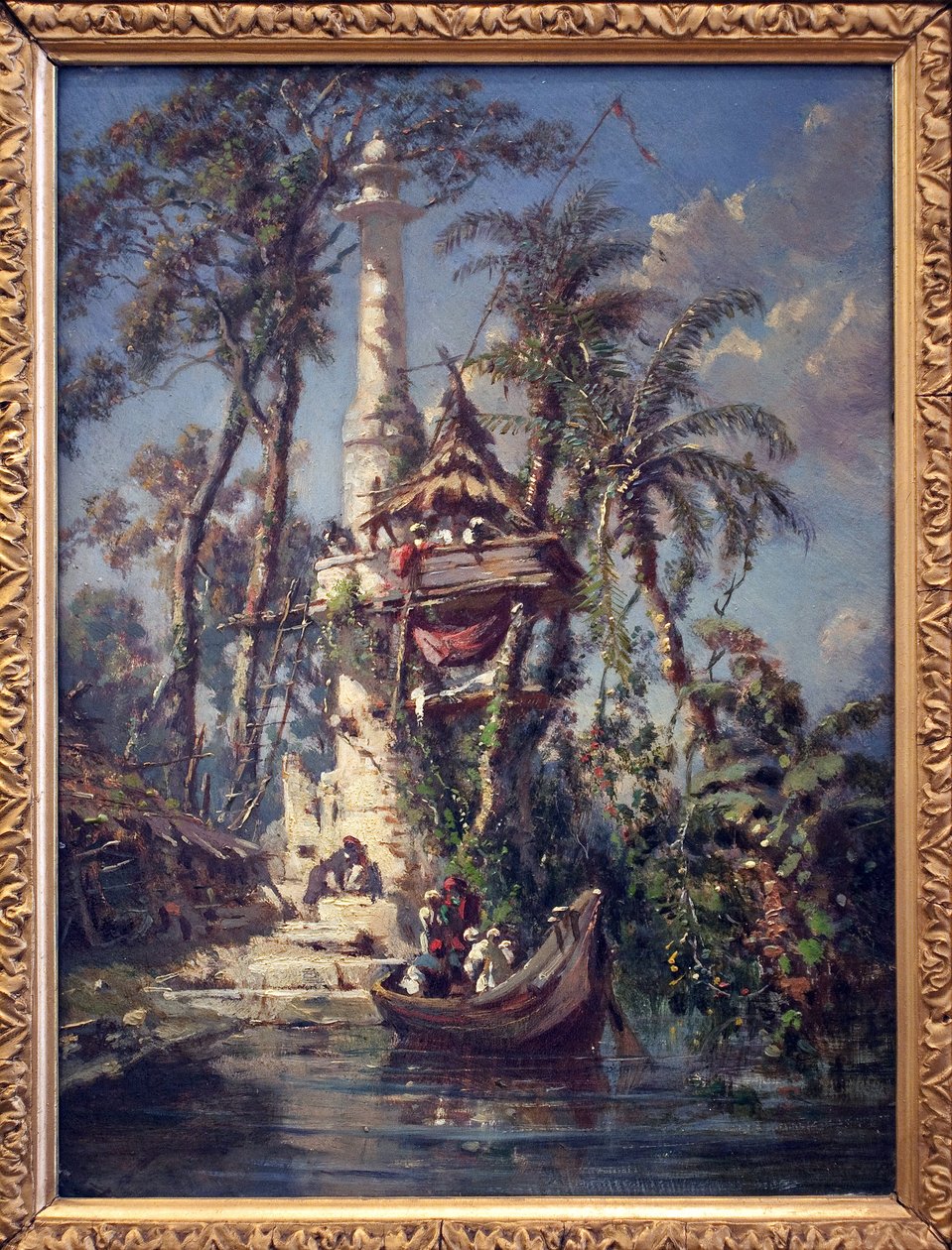 Observatorium vid floden Hooglyflodens strand (Bengal, Indien). Målning av Auguste Borget (1808-1877), olja på mahogny av Auguste Borget
