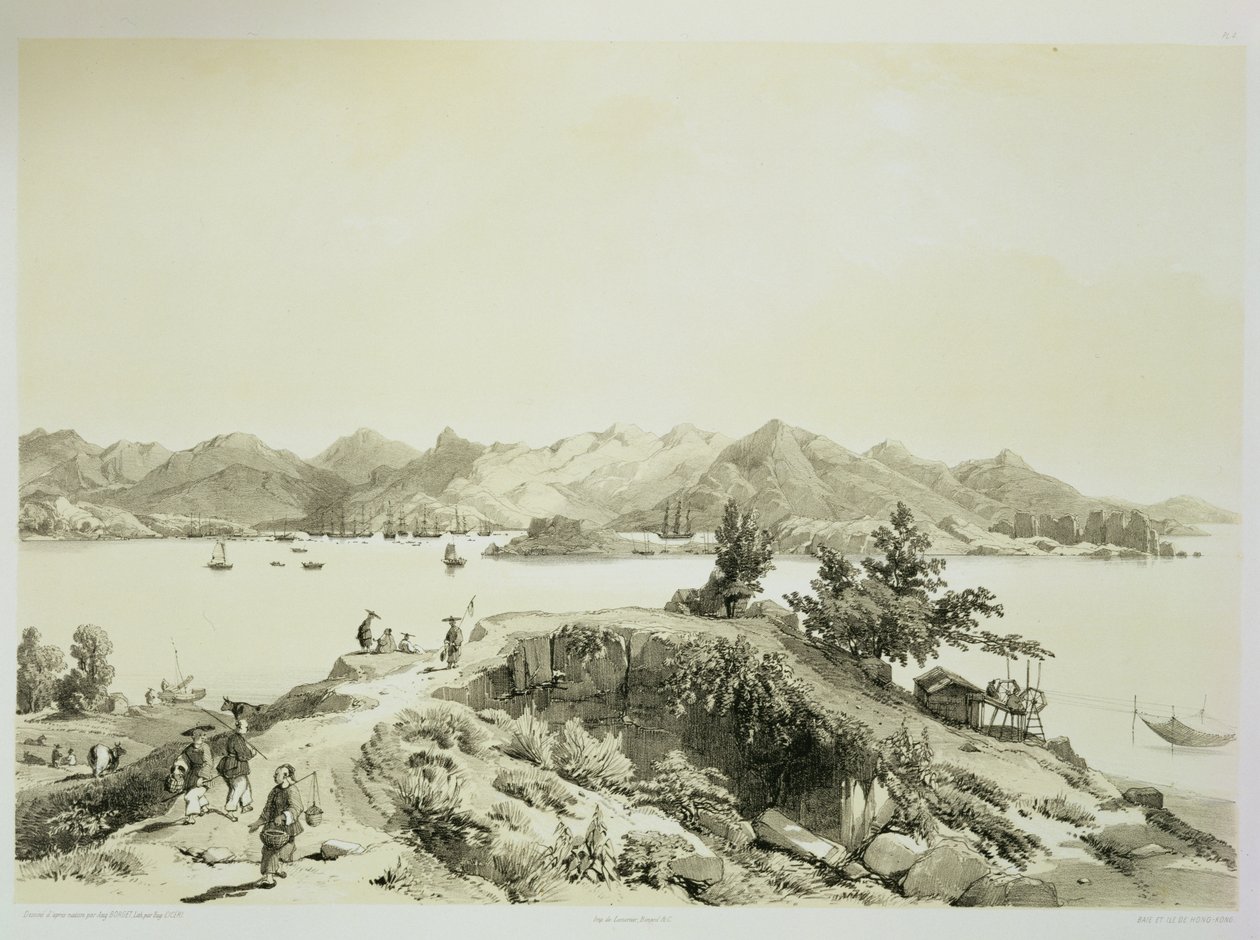 Hongkongs bukt och ö, tavla 4 från "Sketches of China", graverad av Eugene Ciceri (1813-90) 1842 (tonad litografi) av Auguste Borget