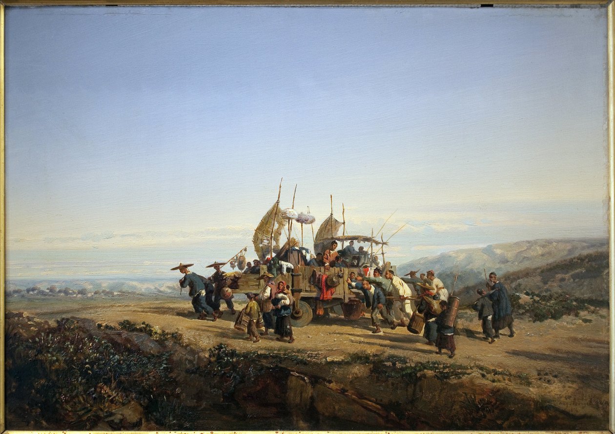 Resenärer använder en vagn med segel och skjuter av män. Målning av Auguste Borget av Auguste Borget