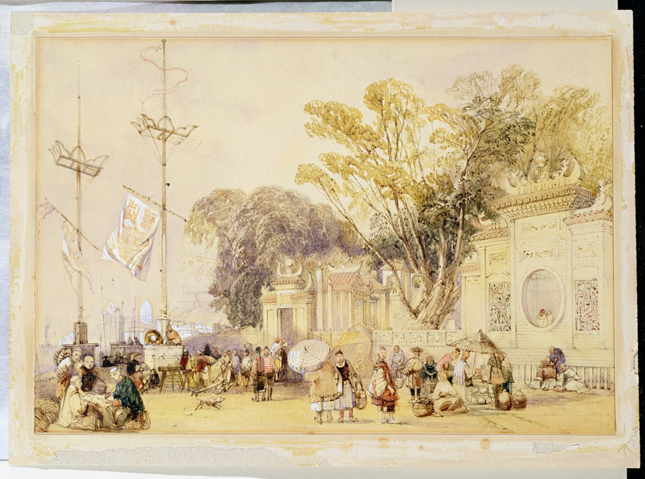 Village Square i Hongkongbukten, platta 5 från "Sketches of China", graverad av Eugene Ciceri (1813-90) 1842 (tonad litografi) av Auguste Borget